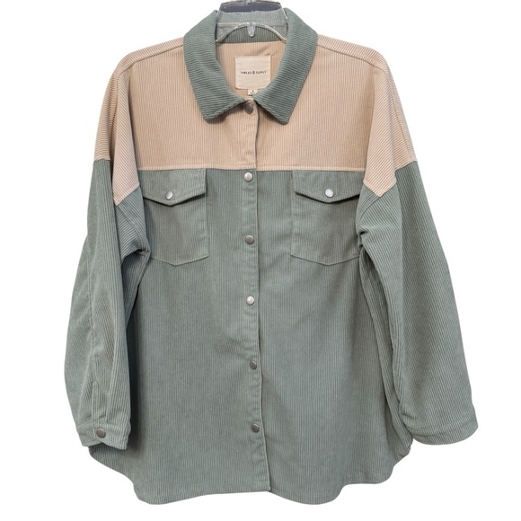 Thread & Supply Corduroy Shacket Jacket Sage Green Tan Colorblock Oversized S - Picture 2 of 7